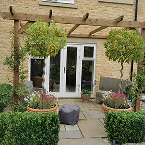 A patio area with a couch, chairs and trees.